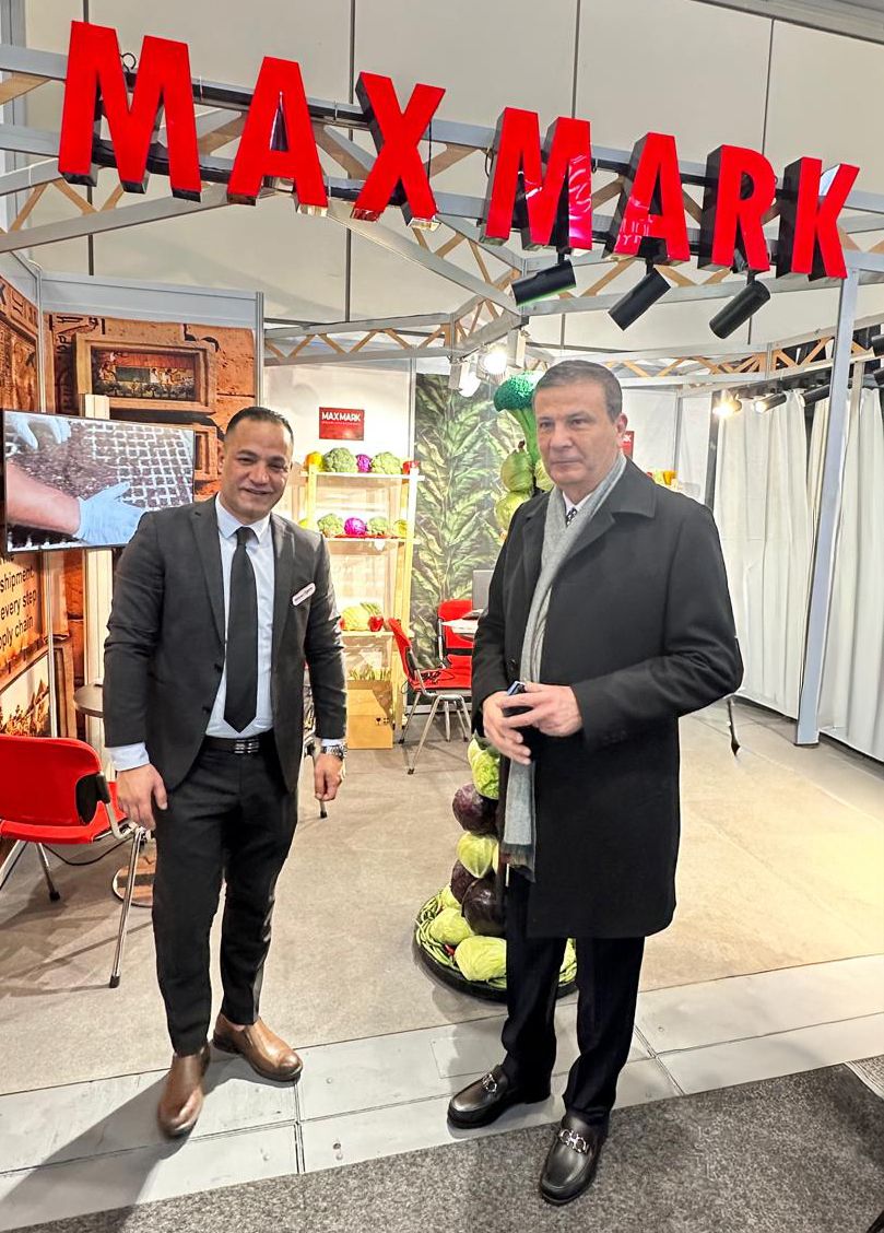 Egypt’s Minister of Agriculture visiting the Max Mark booth at Fruit Logistica Berlin during the international fresh produce exhibition.